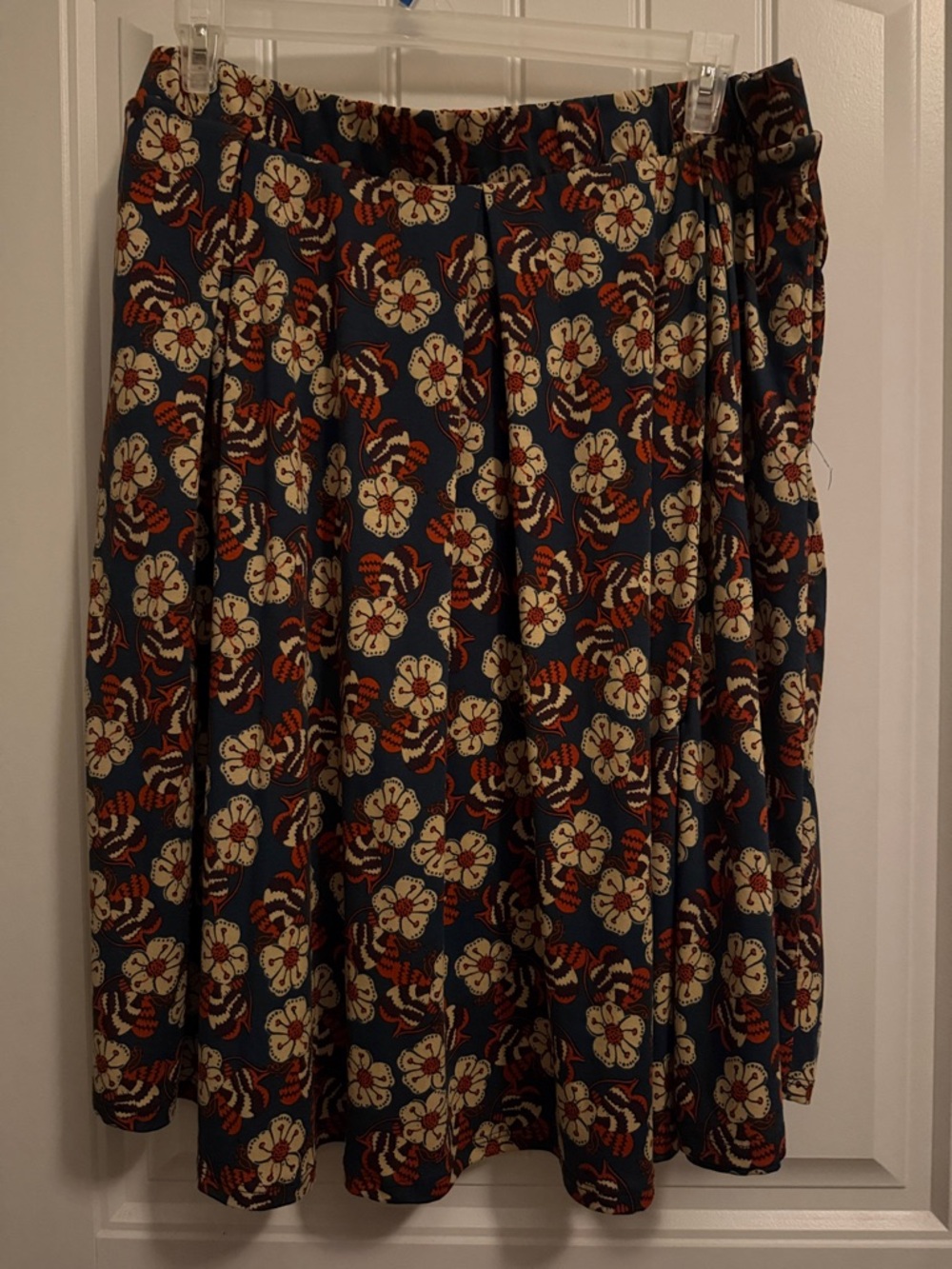 LuLaRoe Navy Midi Skirt with Cream Floral and Rust Accents